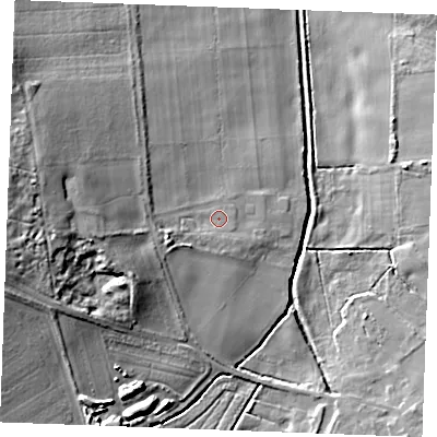 Shaded relief map of the ground around IP286TH, computed from Environment Agency LiDAR. The ground here sits at about 14 m above sea level and falls 22 m across the surrounding 800 m. Surface water reaching this point runs off ground lying to the west, 10.2 m higher.