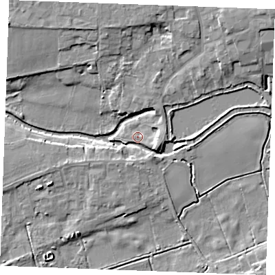 Shaded relief map of the ground around IP287DL, computed from Environment Agency LiDAR. The ground here sits at about 6 m above sea level and falls 11 m across the surrounding 800 m. Surface water reaching this point runs off ground lying to the north-east, 9.3 m higher.