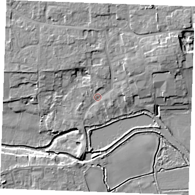Shaded relief map of the ground around IP287DP, computed from Environment Agency LiDAR. The ground here sits at about 8 m above sea level and falls 11 m across the surrounding 800 m. Surface water reaching this point runs off ground lying to the east-north-east, 6.4 m higher.
