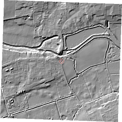 Shaded relief map of the ground around IP287DR, computed from Environment Agency LiDAR. The ground here sits at about 7 m above sea level and falls 9 m across the surrounding 800 m. Surface water reaching this point runs off ground lying to the west, 2.3 m higher.
