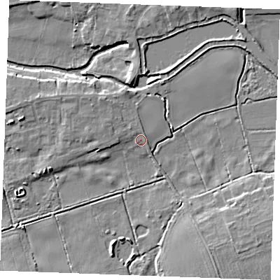 Shaded relief map of the ground around IP287DS, computed from Environment Agency LiDAR. The ground here sits at about 7 m above sea level and falls 9 m across the surrounding 800 m. Surface water reaching this point runs off ground lying to the north-west, 1.7 m higher.
