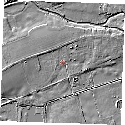 Shaded relief map of the ground around IP287DX, computed from Environment Agency LiDAR. The ground here sits at about 7 m above sea level and falls 7 m across the surrounding 800 m. Surface water reaching this point runs off ground lying to the west, 5.1 m higher.