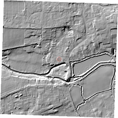 Shaded relief map of the ground around IP287FE, computed from Environment Agency LiDAR. The ground here sits at about 8 m above sea level and falls 11 m across the surrounding 800 m. Surface water reaching this point runs off ground lying to the east-north-east, 1.2 m higher.