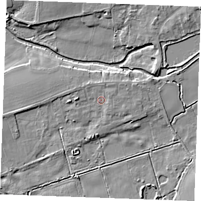 Shaded relief map of the ground around IP287FN, computed from Environment Agency LiDAR. The ground here sits at about 8 m above sea level and falls 7 m across the surrounding 800 m. Surface water reaching this point runs off ground lying to the north-east, 1.7 m higher.