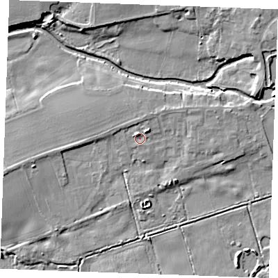 Shaded relief map of the ground around IP287FP, computed from Environment Agency LiDAR. The ground here sits at about 7 m above sea level and falls 7 m across the surrounding 800 m. Surface water reaching this point runs off ground lying to the north-east, 2.9 m higher.