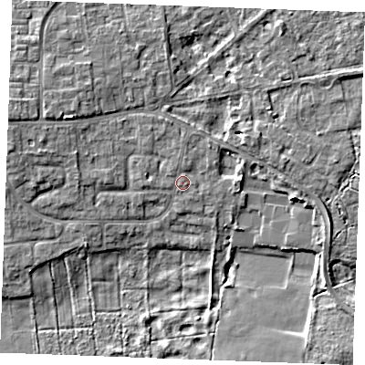 Shaded relief map of the ground around IP287HL, computed from Environment Agency LiDAR. The ground here sits at about 9 m above sea level and falls 7 m across the surrounding 800 m. Surface water reaching this point runs off ground lying to the north, 1.1 m higher.