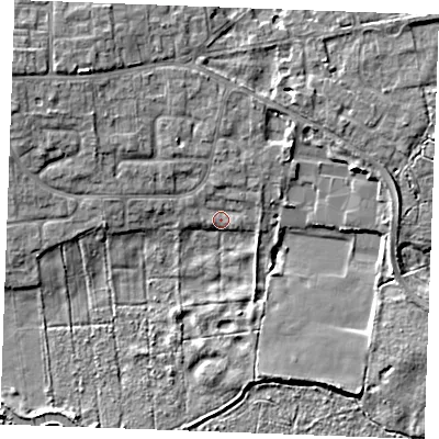 Shaded relief map of the ground around IP287HQ, computed from Environment Agency LiDAR. The ground here sits at about 7 m above sea level and falls 7 m across the surrounding 800 m. Surface water reaching this point runs off ground lying to the north, 4.8 m higher.