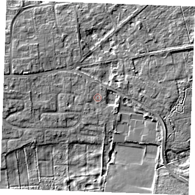 Shaded relief map of the ground around IP287HT, computed from Environment Agency LiDAR. The ground here sits at about 9 m above sea level and falls 6 m across the surrounding 800 m. Surface water reaching this point runs off ground lying to the north-north-east, 1.1 m higher.