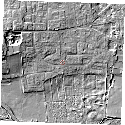 Shaded relief map of the ground around IP287LA, computed from Environment Agency LiDAR. The ground here sits at about 8 m above sea level and falls 9 m across the surrounding 800 m. Surface water reaching this point runs off ground lying to the north-north-west, 1.1 m higher.