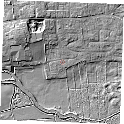 Shaded relief map of the ground around IP287LF, computed from Environment Agency LiDAR. The ground here sits at about 8 m above sea level and falls 10 m across the surrounding 800 m. Surface water reaching this point runs off ground lying to the north, 1.9 m higher.