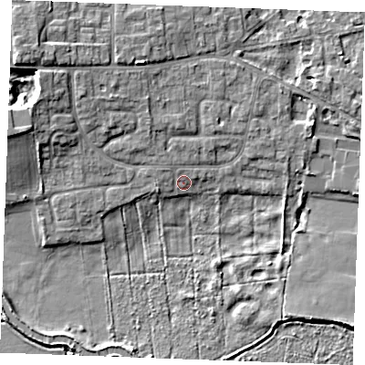 Shaded relief map of the ground around IP287LG, computed from Environment Agency LiDAR. The ground here sits at about 7 m above sea level and falls 9 m across the surrounding 800 m. Surface water reaching this point runs off ground lying to the west-north-west, 1.0 m higher.