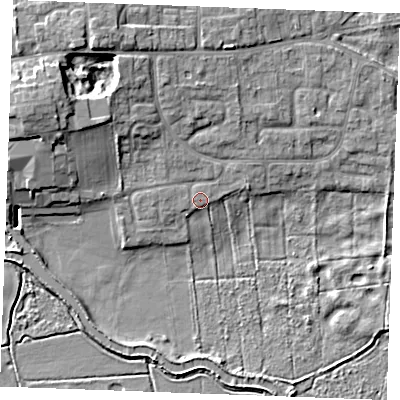 Shaded relief map of the ground around IP287LJ, computed from Environment Agency LiDAR. The ground here sits at about 8 m above sea level and falls 10 m across the surrounding 800 m. Surface water reaching this point runs off ground lying to the north-north-west, 6.5 m higher.