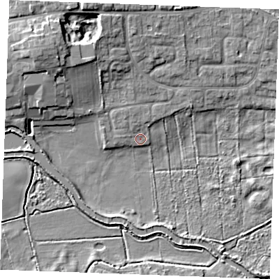 Shaded relief map of the ground around IP287LQ, computed from Environment Agency LiDAR. The ground here sits at about 7 m above sea level and falls 10 m across the surrounding 800 m. Surface water reaching this point runs off ground lying to the north-north-west, 1.8 m higher.