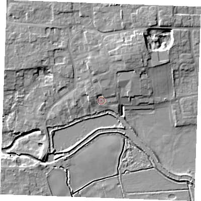 Shaded relief map of the ground around IP287QY, computed from Environment Agency LiDAR. The ground here sits at about 9 m above sea level and falls 11 m across the surrounding 800 m. Surface water reaching this point runs off ground lying to the north, 2.6 m higher.