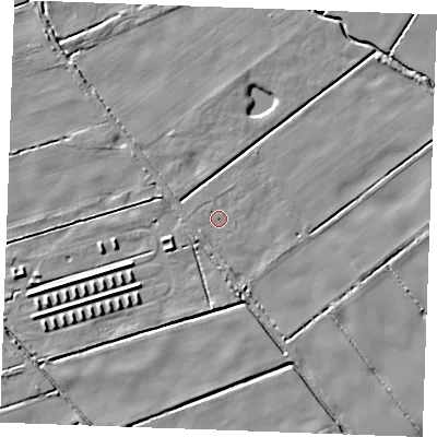 Shaded relief map of the ground around IP288BS, computed from Environment Agency LiDAR. The ground here sits at about 3 m above sea level and falls 5 m across the surrounding 800 m. Surface water reaching this point runs off ground lying to the south-west, 1.0 m higher.