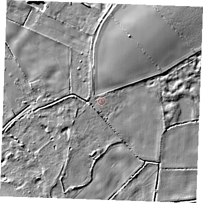Shaded relief map of the ground around IP288BT, computed from Environment Agency LiDAR. The ground here sits at about 5 m above sea level and falls 8 m across the surrounding 800 m. Surface water reaching this point runs off ground lying to the north-north-east, 2.4 m higher.