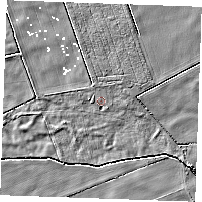 Shaded relief map of the ground around IP288DA, computed from Environment Agency LiDAR. The ground here sits at about 1 m above sea level and falls 5 m across the surrounding 800 m. Surface water reaching this point runs off ground lying to the south-east, 0.8 m higher.