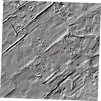 Shaded relief map of the ground around IP288DP, computed from Environment Agency LiDAR. The ground here sits at about 4 m above sea level and falls 5 m across the surrounding 800 m. Surface water reaching this point runs off ground lying to the south-west, 0.8 m higher.