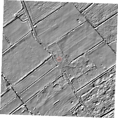 Shaded relief map of the ground around IP288DS, computed from Environment Agency LiDAR. The ground here sits at about 3 m above sea level and falls 4 m across the surrounding 800 m. The ground contributing surface water to this point lies to the west-south-west.