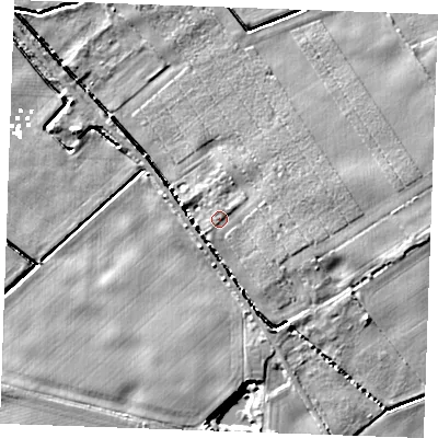 Shaded relief map of the ground around IP288DT, computed from Environment Agency LiDAR. The ground here sits at about 3 m above sea level and falls 6 m across the surrounding 800 m. Surface water reaching this point runs off ground lying to the east-south-east, 4.2 m higher.