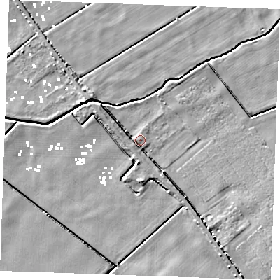 Shaded relief map of the ground around IP288DY, computed from Environment Agency LiDAR. The ground here sits at about 1 m above sea level and falls 5 m across the surrounding 800 m. Surface water reaching this point runs off ground lying to the south-east, 5.1 m higher.