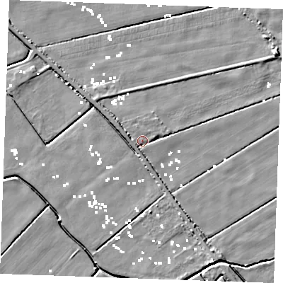 Shaded relief map of the ground around IP288DZ, computed from Environment Agency LiDAR. The ground here sits at about 1 m above sea level and falls 7 m across the surrounding 800 m. Surface water reaching this point runs off ground lying to the west-north-west, 2.6 m higher.