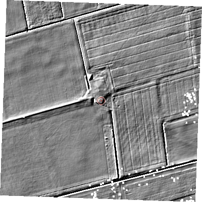 Shaded relief map of the ground around IP288EB, computed from Environment Agency LiDAR. The ground here sits at about -0 m above sea level and falls 5 m across the surrounding 800 m. Surface water reaching this point runs off ground lying to the south-south-east, 3.6 m higher.