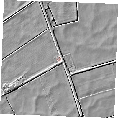 Shaded relief map of the ground around IP288EF, computed from Environment Agency LiDAR. The ground here sits at about -2 m above sea level and falls 5 m across the surrounding 800 m. Surface water reaching this point runs off ground lying to the east, 2.3 m higher.