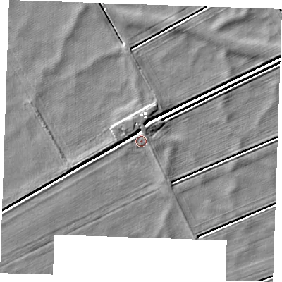 Shaded relief map of the ground around IP288EQ, computed from Environment Agency LiDAR. The ground here sits at about -1 m above sea level and falls 4 m across the surrounding 800 m. Surface water reaching this point runs off ground lying to the north-north-east, 1.7 m higher.