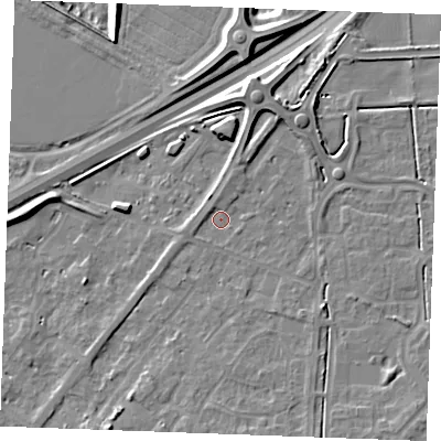 Shaded relief map of the ground around IP288ER, computed from Environment Agency LiDAR. The ground here sits at about 18 m above sea level and falls 11 m across the surrounding 800 m. Surface water reaching this point runs off ground lying to the north-north-east, 3.5 m higher.