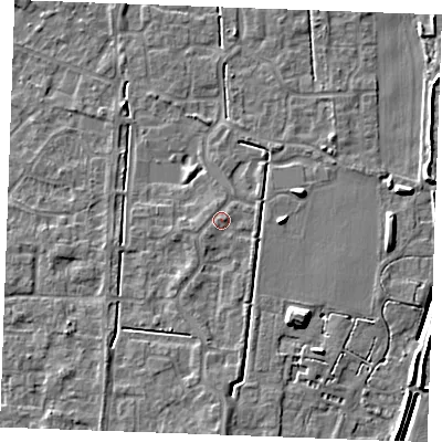 Shaded relief map of the ground around IP288FQ, computed from Environment Agency LiDAR. The ground here sits at about 21 m above sea level and falls 7 m across the surrounding 800 m. Surface water reaching this point runs off ground lying to the south, 1.8 m higher.