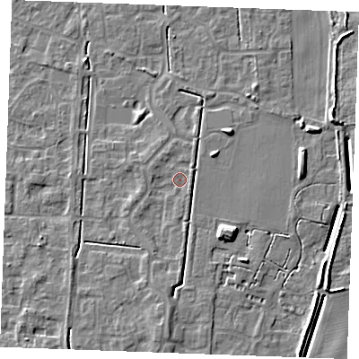 Shaded relief map of the ground around IP288GE, computed from Environment Agency LiDAR. The ground here sits at about 21 m above sea level and falls 7 m across the surrounding 800 m. Surface water reaching this point runs off ground lying to the south, 1.8 m higher.