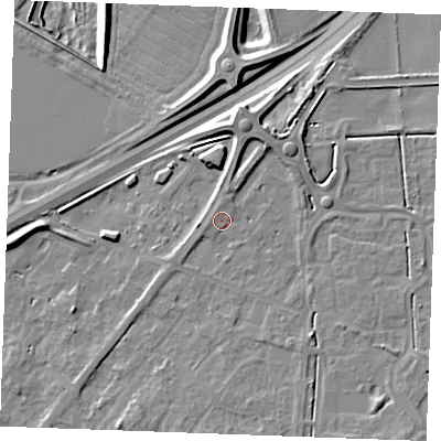 Shaded relief map of the ground around IP288GH, computed from Environment Agency LiDAR. The ground here sits at about 19 m above sea level and falls 11 m across the surrounding 800 m. Surface water reaching this point runs off ground lying to the north-north-east, 3.5 m higher.