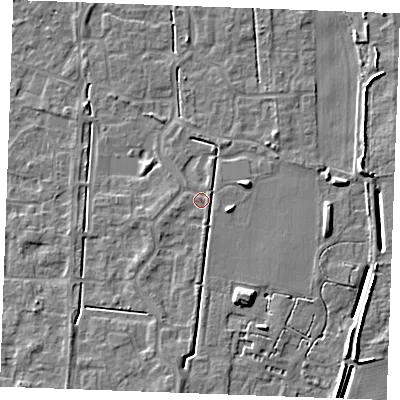 Shaded relief map of the ground around IP288GJ, computed from Environment Agency LiDAR. The ground here sits at about 21 m above sea level and falls 7 m across the surrounding 800 m. Surface water reaching this point runs off ground lying to the south, 1.8 m higher.
