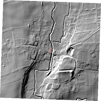 Shaded relief map of the ground around IP288HZ, computed from Environment Agency LiDAR. The ground here sits at about 8 m above sea level and falls 14 m across the surrounding 800 m. Surface water reaching this point runs off ground lying to the south-east, 13.6 m higher.