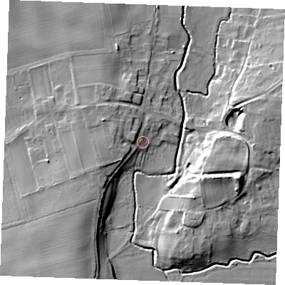 Shaded relief map of the ground around IP288JA, computed from Environment Agency LiDAR. The ground here sits at about 9 m above sea level and falls 14 m across the surrounding 800 m. Surface water reaching this point runs off ground lying to the west, 5.7 m higher.