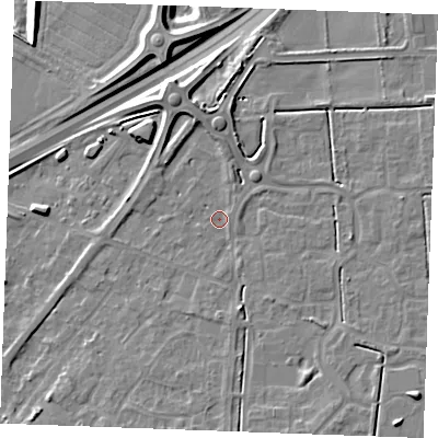 Shaded relief map of the ground around IP288JH, computed from Environment Agency LiDAR. The ground here sits at about 18 m above sea level and falls 10 m across the surrounding 800 m. Surface water reaching this point runs off ground lying to the south-south-east, 1.2 m higher.