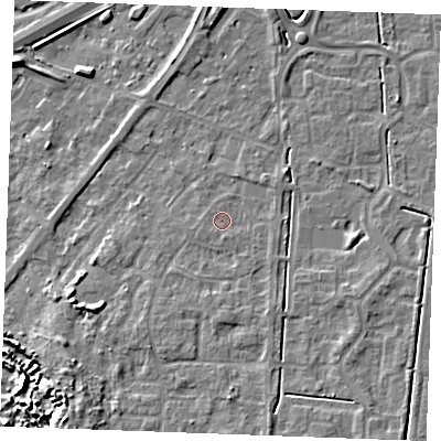 Shaded relief map of the ground around IP288JN, computed from Environment Agency LiDAR. The ground here sits at about 19 m above sea level and falls 9 m across the surrounding 800 m. Surface water reaching this point runs off ground lying to the south, 1.0 m higher.