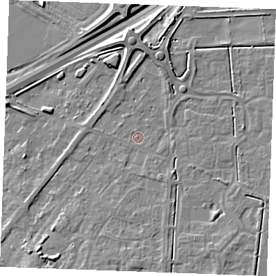 Shaded relief map of the ground around IP288JQ, computed from Environment Agency LiDAR. The ground here sits at about 18 m above sea level and falls 9 m across the surrounding 800 m. Surface water reaching this point runs off ground lying to the east, 1.4 m higher.
