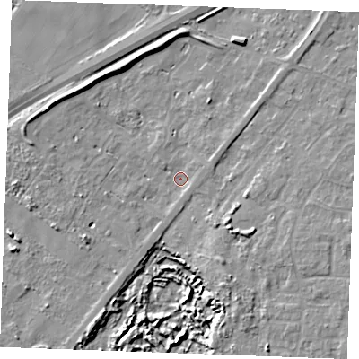 Shaded relief map of the ground around IP288JZ, computed from Environment Agency LiDAR. The ground here sits at about 17 m above sea level and falls 9 m across the surrounding 800 m. Surface water reaching this point runs off ground lying to the west-south-west, 5.7 m higher.