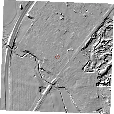 Shaded relief map of the ground around IP288LF, computed from Environment Agency LiDAR. The ground here sits at about 20 m above sea level and falls 10 m across the surrounding 800 m. Surface water reaching this point runs off ground lying to the south-east, 0.7 m higher.