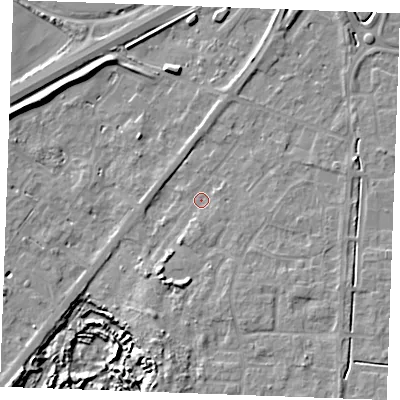 Shaded relief map of the ground around IP288LR, computed from Environment Agency LiDAR. The ground here sits at about 18 m above sea level and falls 9 m across the surrounding 800 m. Surface water reaching this point runs off ground lying to the south-east, 4.3 m higher.