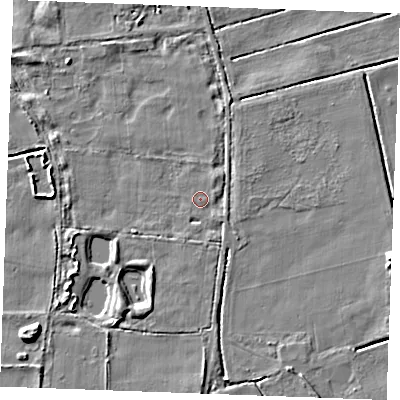 Shaded relief map of the ground around IP288NB, computed from Environment Agency LiDAR. The ground here sits at about 5 m above sea level and falls 6 m across the surrounding 800 m. Surface water reaching this point runs off ground lying to the south-south-east, 1.6 m higher.