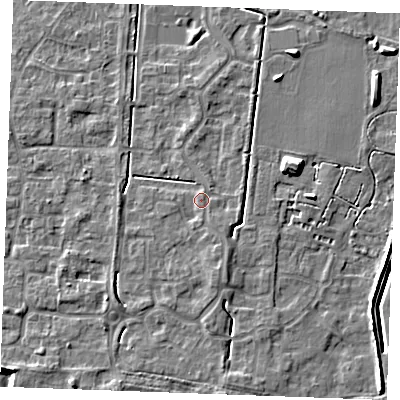 Shaded relief map of the ground around IP288NQ, computed from Environment Agency LiDAR. The ground here sits at about 22 m above sea level and falls 8 m across the surrounding 800 m. Surface water reaching this point runs off ground lying to the south-south-east, 1.7 m higher.