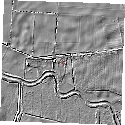Shaded relief map of the ground around IP288PE, computed from Environment Agency LiDAR. The ground here sits at about 4 m above sea level and falls 6 m across the surrounding 800 m. Surface water reaching this point runs off ground lying to the east-south-east, 1.6 m higher.