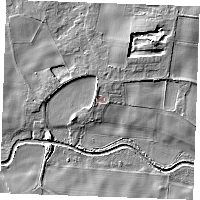Shaded relief map of the ground around IP288PS, computed from Environment Agency LiDAR. The ground here sits at about 6 m above sea level and falls 9 m across the surrounding 800 m. Surface water reaching this point runs off ground lying to the north-west, 1.6 m higher.