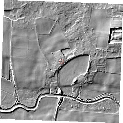 Shaded relief map of the ground around IP288PT, computed from Environment Agency LiDAR. The ground here sits at about 7 m above sea level and falls 9 m across the surrounding 800 m. Surface water reaching this point runs off ground lying to the north-north-east, 0.7 m higher.