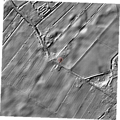 Shaded relief map of the ground around IP288QL, computed from Environment Agency LiDAR. The ground here sits at about 4 m above sea level and falls 7 m across the surrounding 800 m. Surface water reaching this point runs off ground lying to the south-east, 1.3 m higher.