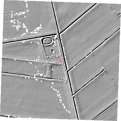 Shaded relief map of the ground around IP288QN, computed from Environment Agency LiDAR. The ground here sits at about 1 m above sea level and falls 5 m across the surrounding 800 m. Surface water reaching this point runs off ground lying to the east-south-east, 1.3 m higher.
