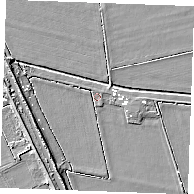 Shaded relief map of the ground around IP288QP, computed from Environment Agency LiDAR. The ground here sits at about -1 m above sea level and falls 9 m across the surrounding 800 m. Surface water reaching this point runs off ground lying to the west-north-west, 2.1 m higher.